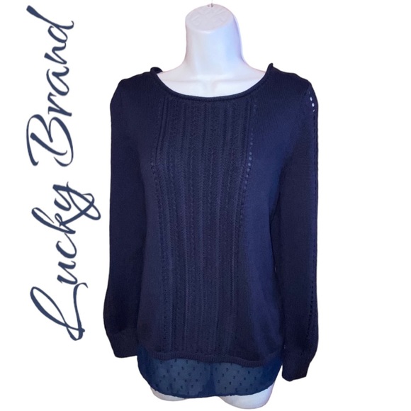 Lucky Brand Sweaters - Lucky Brand Navy Blue Sheer Swiss Dot Open Back Sweater - Women’s Large